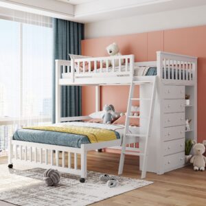 bellemave twin over full bunk bed with storage 6 drawers cabinet and 3 shelves bookcase wood loft beds frame size platform wheels mordern bunked for kids boys girls teens, white