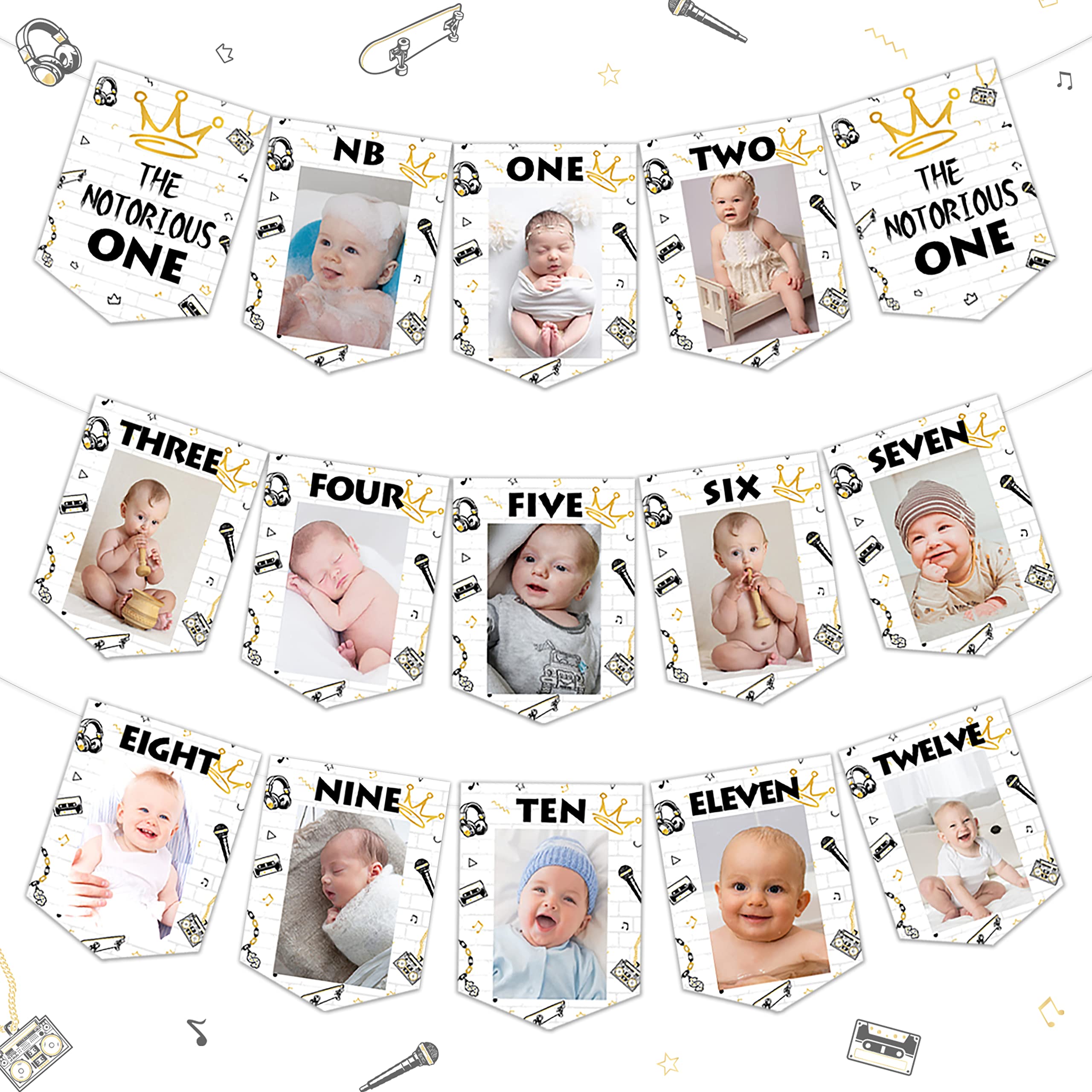 kreat4joy The Notorious One Birthday Decorations Photo Banner, 1st Birthday Baby Photo Banner for Newborn to 12 Months, the Big One Hip Hop 1st Birthday Banner for Baby Shower First Birthday Party