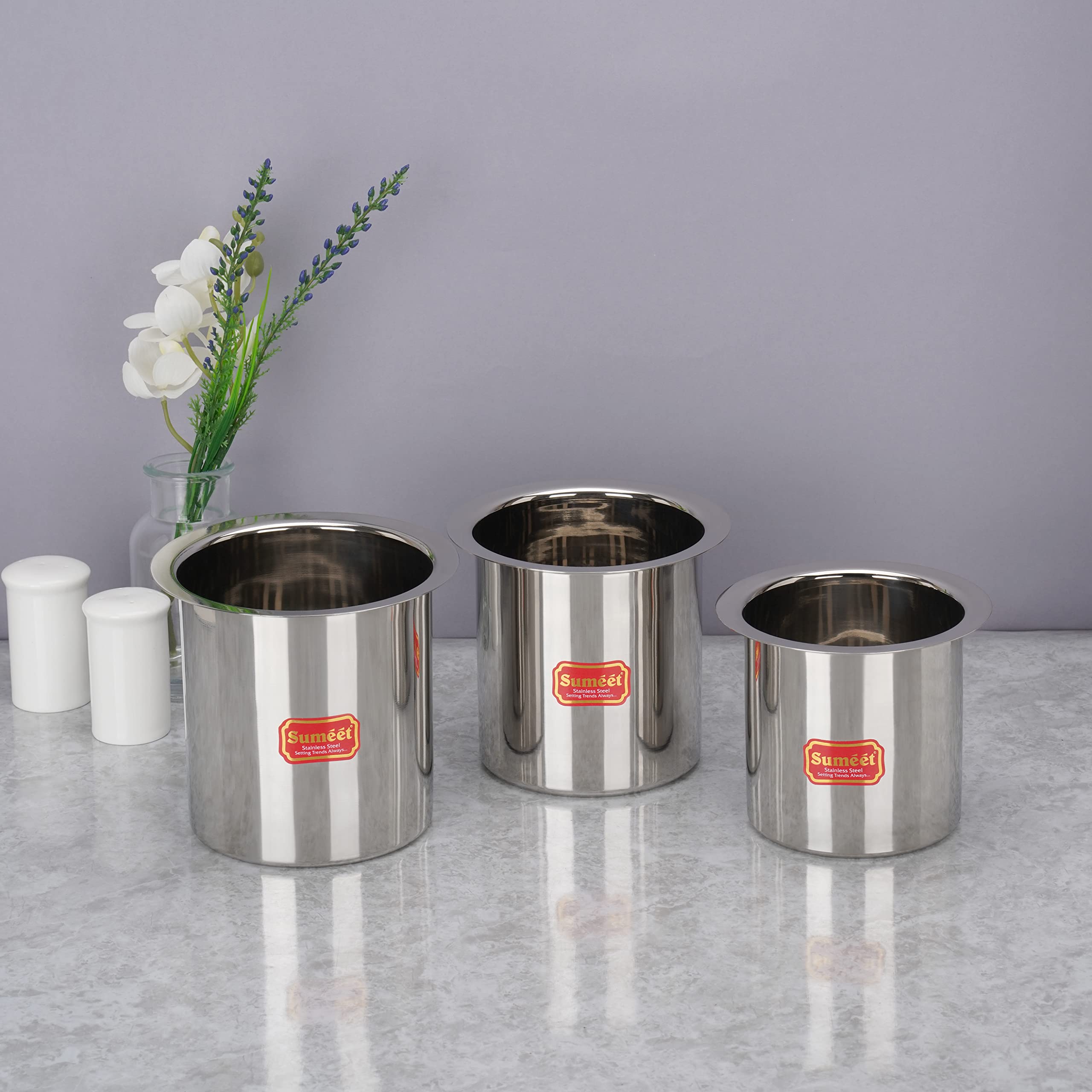 Sumeet Stainless Steel Ganj/Milk Boiler/Milk Pot/Long Tapeli Set of 3 Pieces (400ml, 550ml, 750ml), Silver