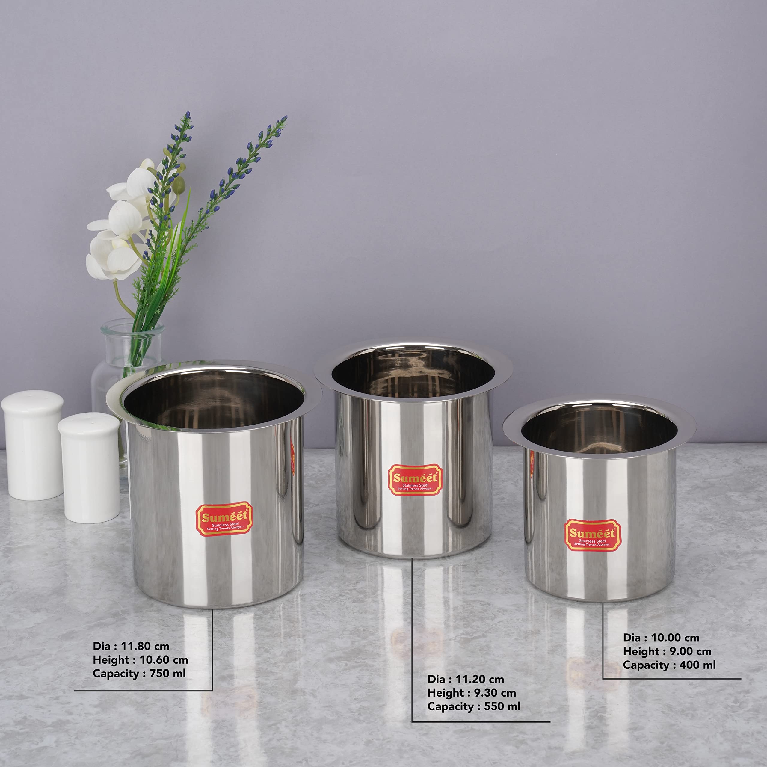 Sumeet Stainless Steel Ganj/Milk Boiler/Milk Pot/Long Tapeli Set of 3 Pieces (400ml, 550ml, 750ml), Silver