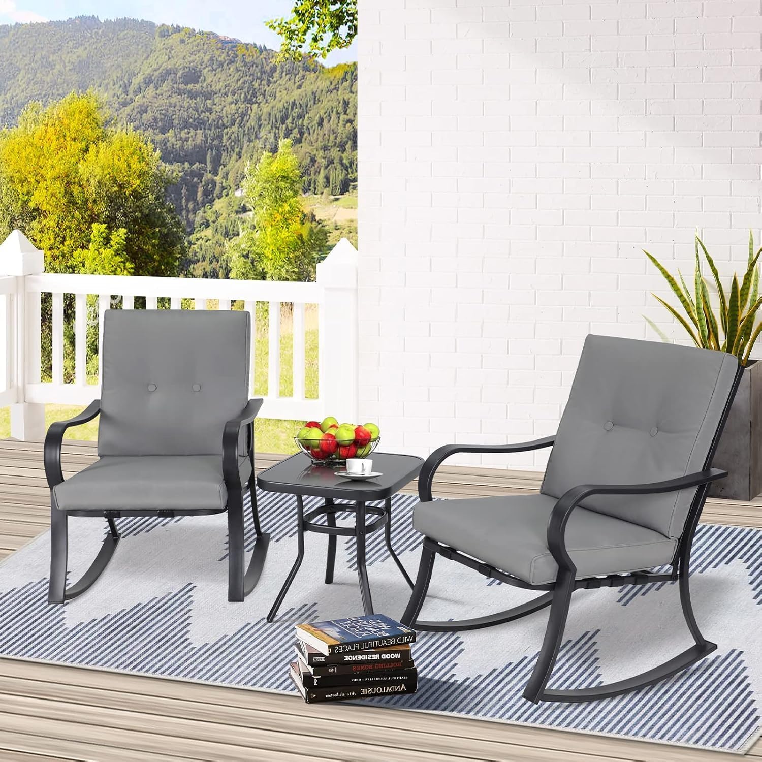 SUNCROWN Outdoor 3-Piece Rocking Chairs Patio Bistro Set Black Steel Furniture with Thickened Cushion and Glass-Top Coffee Table, Grey