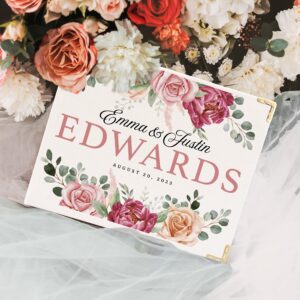 Personalized Wedding Guestbook w/Bride and Groom Name & Text & Date - 8 Floral Design 9"x7" Inches - Customized Hardcover Canvas Guest Book Registry Sign-in Gifts, Custom Large Signing Books Gift C1