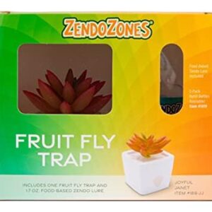 ZendoZones Fruit Fly Trap with Zendo Lure, Joyful Janet with Plastic, White Base, Refillable and Reusable, Long-Lasting