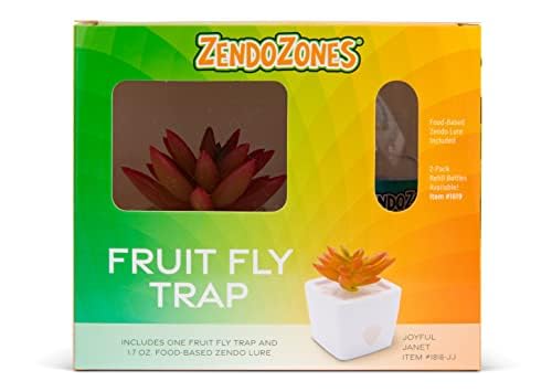 ZendoZones Fruit Fly Trap with Zendo Lure, Joyful Janet with Plastic, White Base, Refillable and Reusable, Long-Lasting