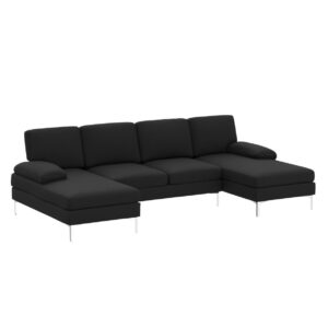 Karl home Convertible Sectional Sofa 110" U-Shape Sofa Couch 4-Seat Couch with Chaise Fabric Upholstered for Living Room, Apartment, Office, Black