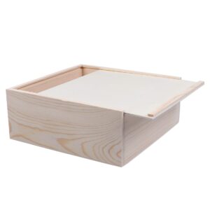 stobok wood storage box with sliding top wooden box unfinished wood box case container square wood case diy craft jewelry box christmas wedding party box (19.6x19.6x7.6cm)