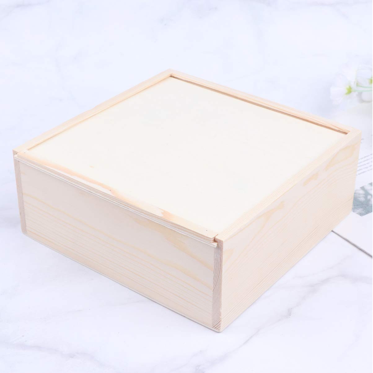 STOBOK Wood Storage Box with Sliding Top Wooden Box Unfinished Wood Box Case Container Square Wood Case Diy Craft Jewelry Box Christmas Wedding Party Box (19.6x19.6x7.6cm)