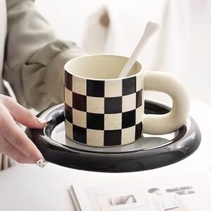 Ceramic Coffee Mug,Tea Cup with Porcelain Fat Round Handle,Dishwasher&Microwave Safe Mug to Decorate,12 oz, Modern,Simplicity Unique Style For Any Kitchen. (Checkerboard)