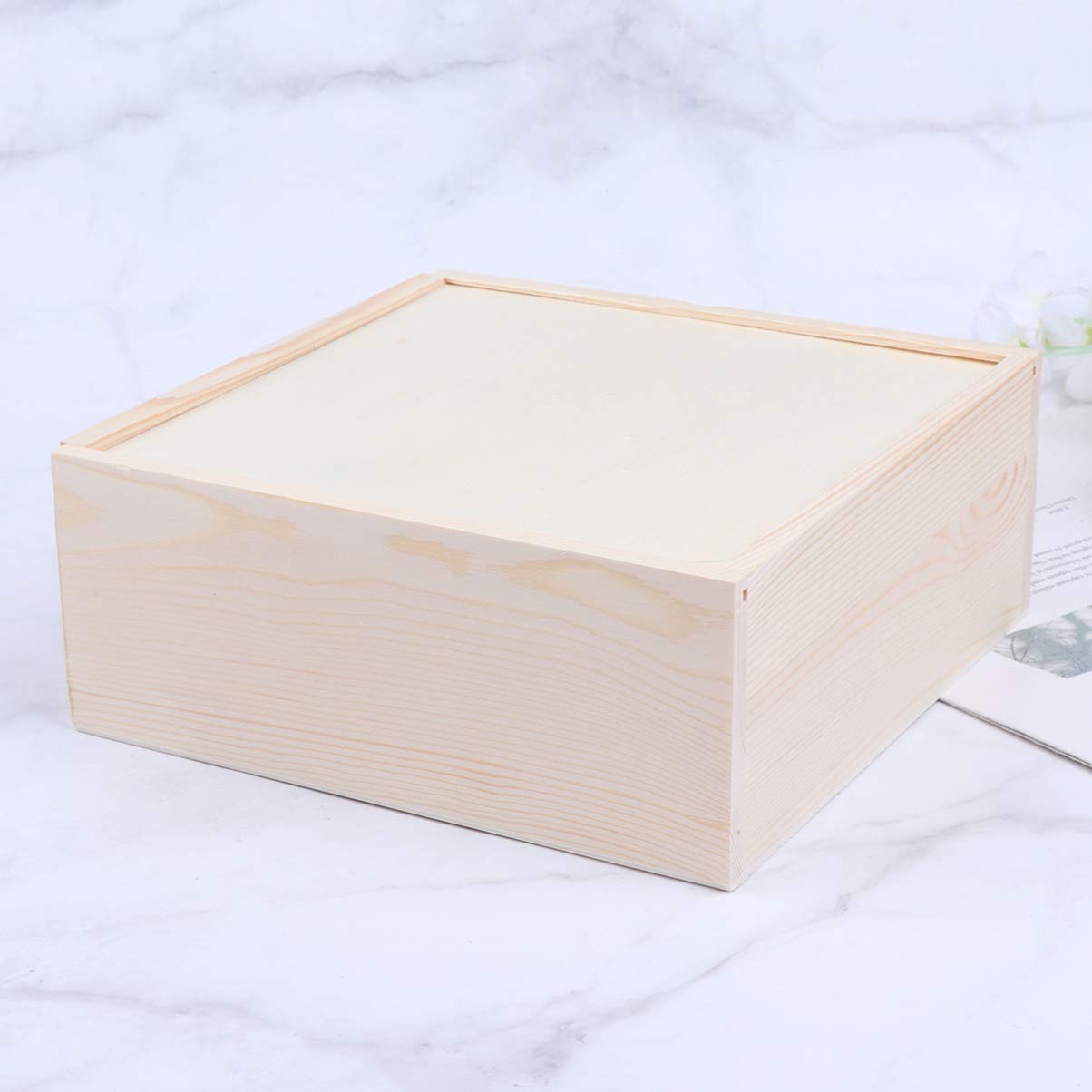 STOBOK Wood Storage Box with Sliding Top Wooden Box Unfinished Wood Box Case Container Square Wood Case Diy Craft Jewelry Box Christmas Wedding Party Box (19.6x19.6x7.6cm)