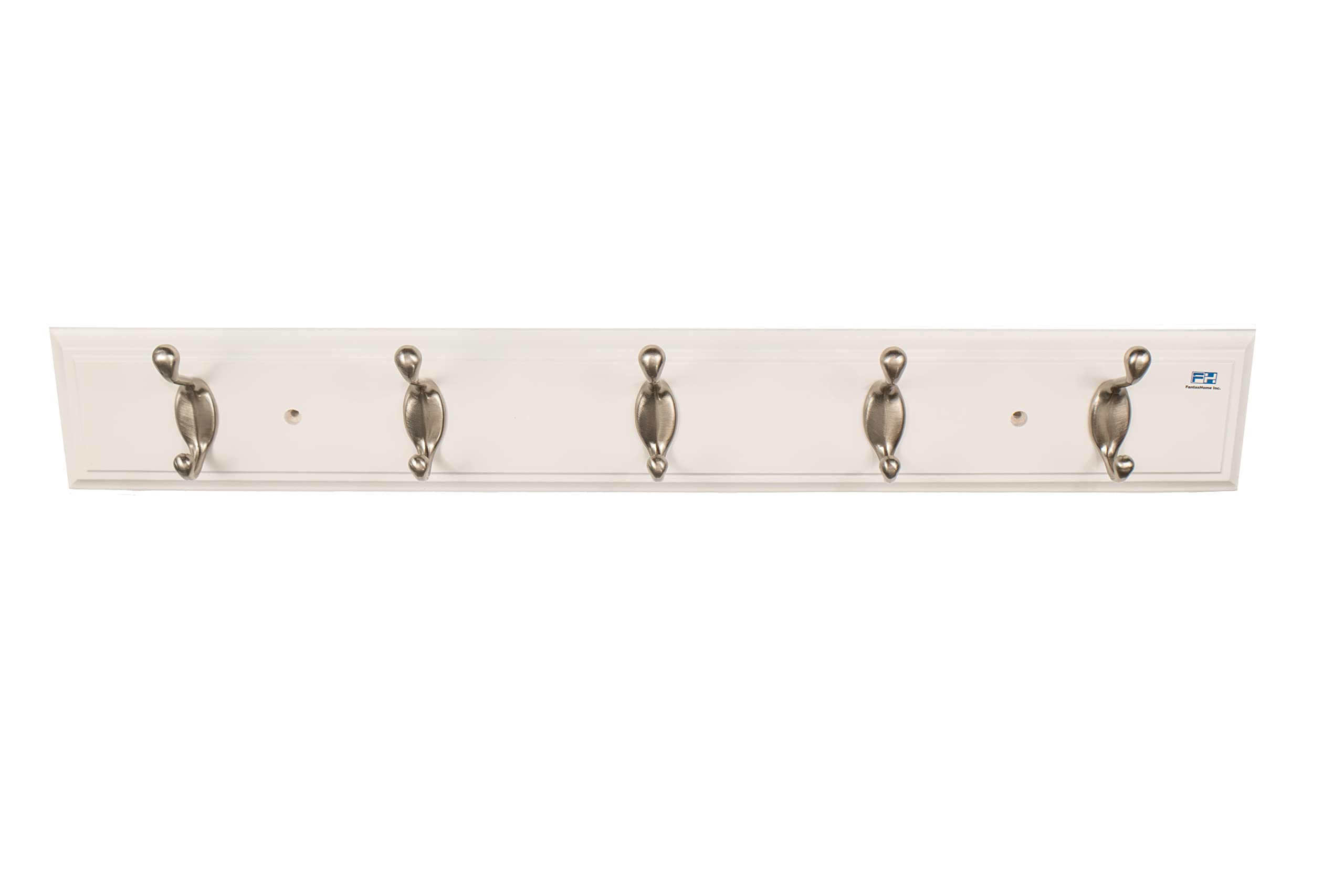 FantasHome 27" Bella Wall Mounted Heavy Duty Hook Rack with 5 Hooks - White/Silver, Satin Nickel Finish