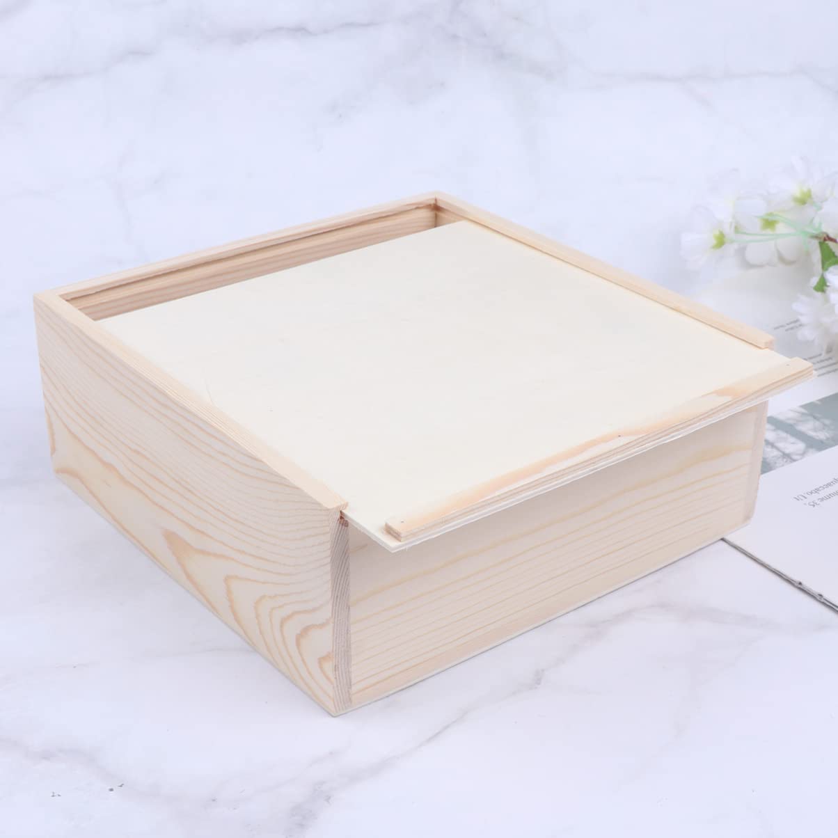 STOBOK Wood Storage Box with Sliding Top Wooden Box Unfinished Wood Box Case Container Square Wood Case Diy Craft Jewelry Box Christmas Wedding Party Box (19.6x19.6x7.6cm)