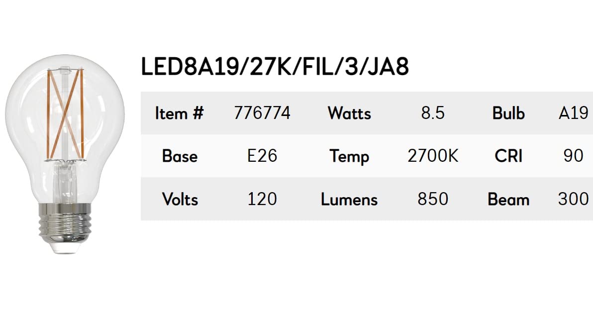 Bulbrite (10 Pack) 776774 Filament Supports Title 24 Part 6 JA8 LED Filament Light Bulb, 2700K, 8.5 Watts, 850 Lumens, CRI 90, 120 Volts, Bulb Type A19, Warm White Light with a E26 Medium Base