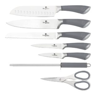 Berlinger Haus Kitchen Knife Set with Block, 8 Piece Knives Set for Kitchen, Cooking Knives with Kitchen Shears and Sharpener, Sharp Cutting Stainless Steel Chef Knife Set with Acrylic Stand, Gray