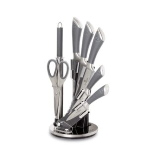 berlinger haus kitchen knife set with block, 8 piece knives set for kitchen, cooking knives with kitchen shears and sharpener, sharp cutting stainless steel chef knife set with acrylic stand, gray