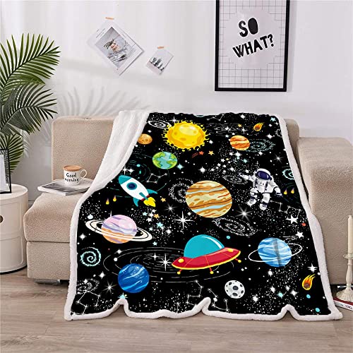 Juirnost Outer Space Blanket Kids Blanket for Boys Gifts Constellation Solar System Blanket Fleece Ultra Soft Galaxy Rocket Planet Blanket for Kids Birthday for Bed Couch Sofa Living Room Decor