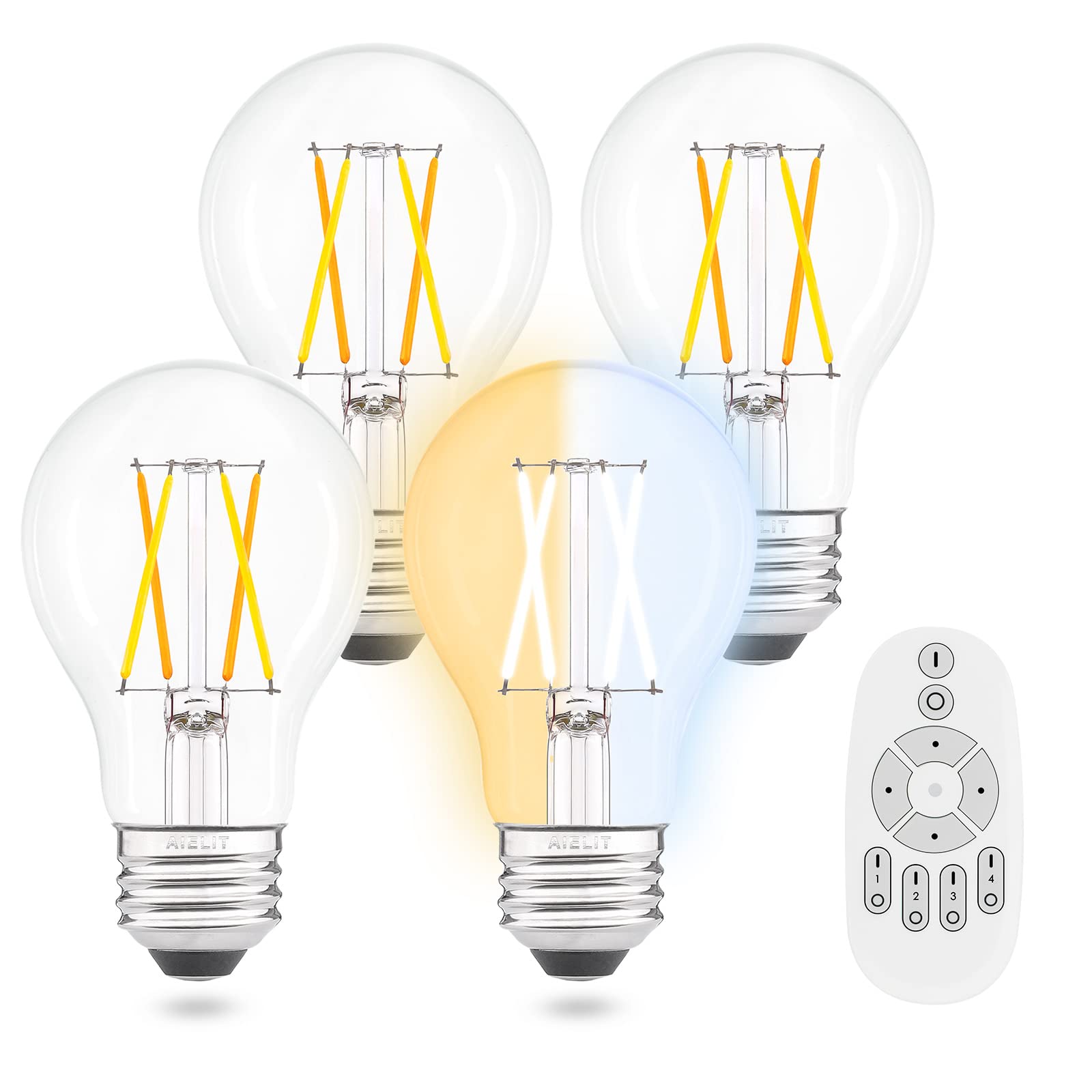 Remote Control Smart Edison A19 LED Light Bulbs- E26 Standard Base- Dimmable 4W(40W Equivalent)- Adjustable Color Temperature (2700K- 5000K)- No App or Wi-Fi Required- Remote Included- 4 Pack