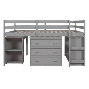 CITYLIGHT Low Full Loft Bed with Desk and Storage Cabinet, Wood Kids Full Size Loft Beds Frame with Storage Shelves & Rolling Portable Desk for Juniors, Teen, Boys & Girls (Full Size, Gray)