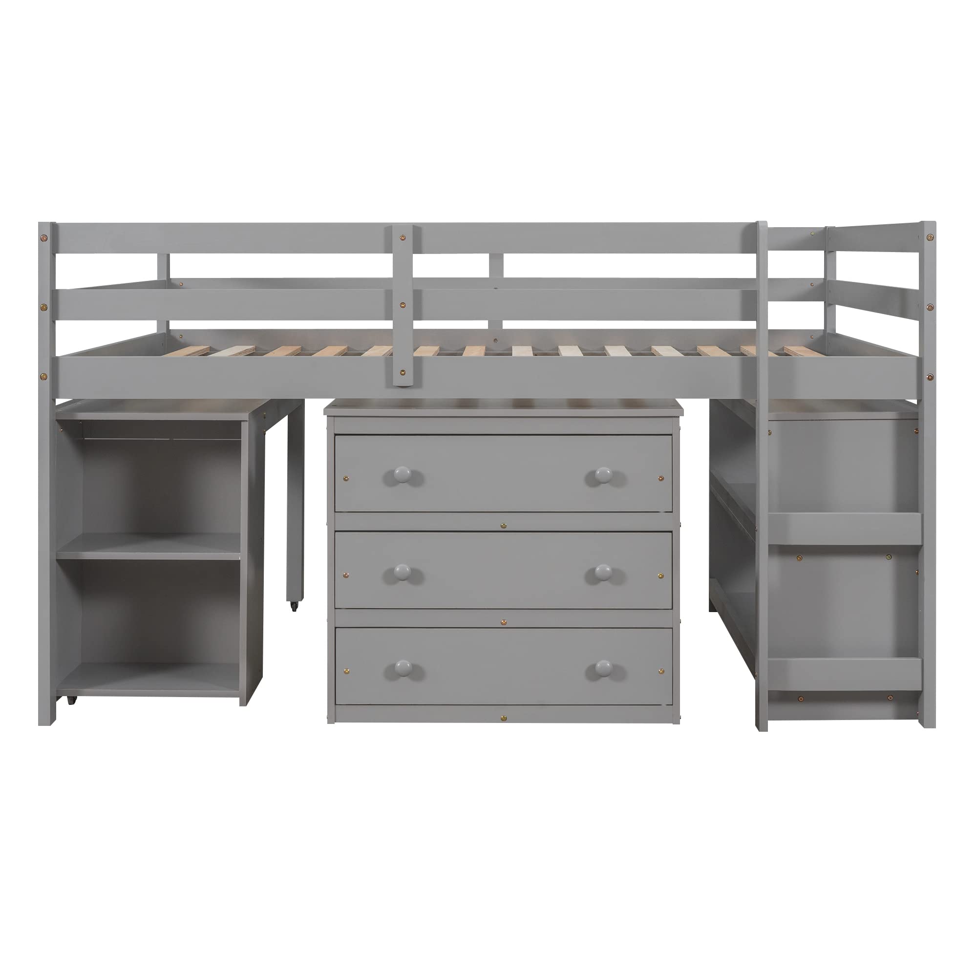 CITYLIGHT Low Full Loft Bed with Desk and Storage Cabinet, Wood Kids Full Size Loft Beds Frame with Storage Shelves & Rolling Portable Desk for Juniors, Teen, Boys & Girls (Full Size, Gray)