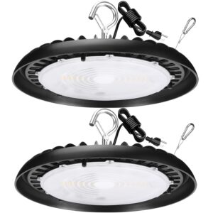 2 pack led high bay light with us plug 6ft cable, 120v 200w 26000lm 5000k daylight, 800w-1000w hid/hps equivalent, ul ip65 commercial warehouse lighting for workshop,garage, gym,factory, non-dim