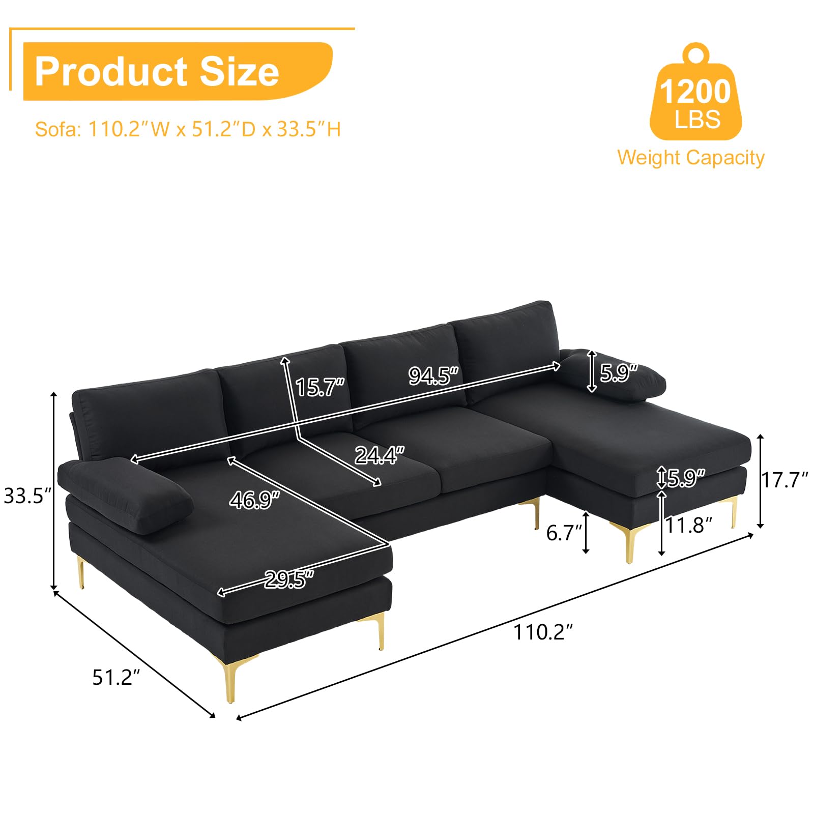 Karl home Convertible Sectional Sofa 110" U-Shape Sofa Couch 4-Seat Couch with Chaise Fabric Upholstered for Living Room, Apartment, Office, Black