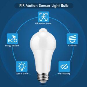 ONEVER Motion Sensor Light Bulbs - 12W (100W Equivalent) PIR Motion Activated Dusk to Dawn Light Bulb Auto on/Off E26 6000K Cool White Indoor Outdoor Security Bulb for Front Door Garage Hallway 2 Pack