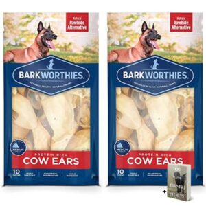 barkworthies cow ears dog chews - 2 pack high protein cow ear all natural dog treats - grain free, rawhide free protein chews for puppy teething, dog training, and aggressive chewer with e-book