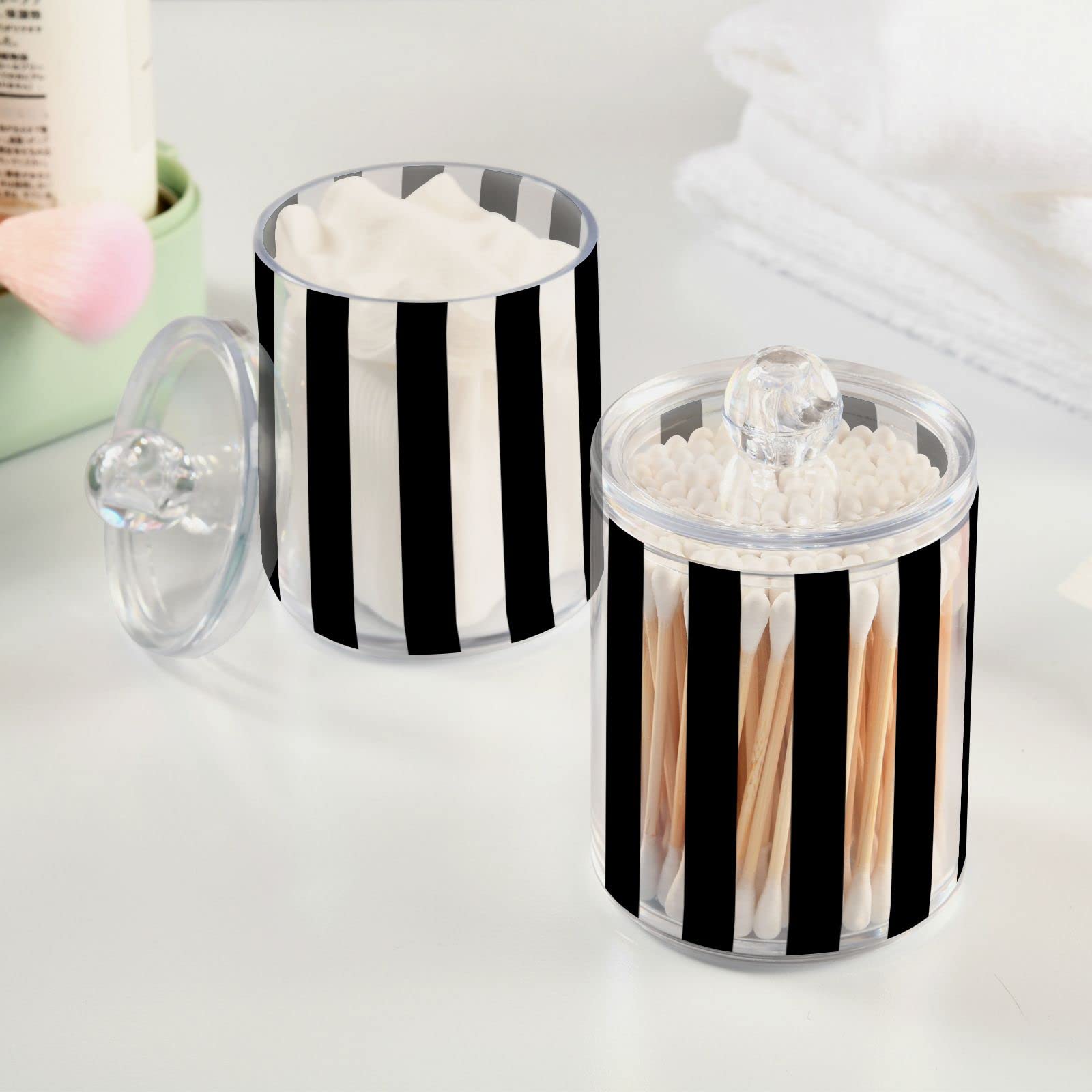 2 Pack Qtip Dispenser Apothecary Jars Bathroom Organizer, White and Black Striped Qtip Holder Storage Canister Plastic Acrylic Jar for Cotton Ball/Swab/Rounds