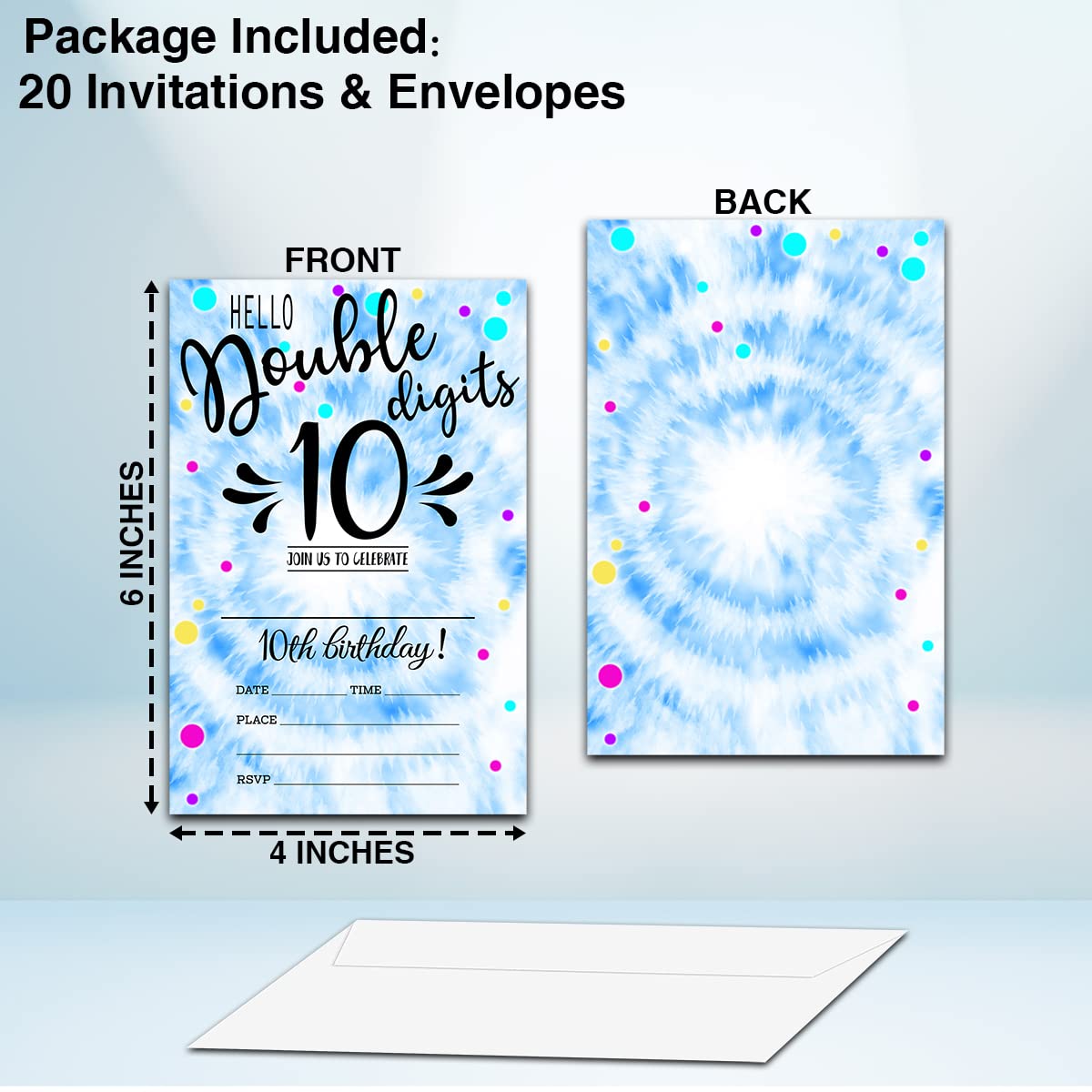 NYCTUG Double Digits 10Th Fill-In Birthday Invitation(4" X 6"), Tie Dye Birthday Double-Sided Party Invites- 20 Invitations With Envelopes-Party Supplies-A15