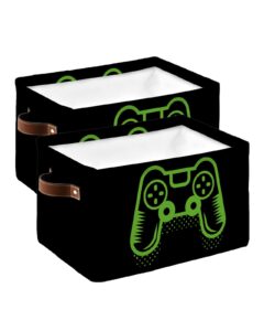 gaming cube storage organizer bins with handles,2-pc 15x11x9.5 inch collapsible canvas cloth fabric storage basket,green kids game video games gamepad controller black bin boxes for shelves