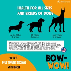 NovaFerrum Bow Wow | 18-in-1 Multifunctional with Iron Supplement for Dogs | Blood Support for Anemia | Glucosamine | Probiotics | Antioxidants | Chicken Flavor | 90 Chews