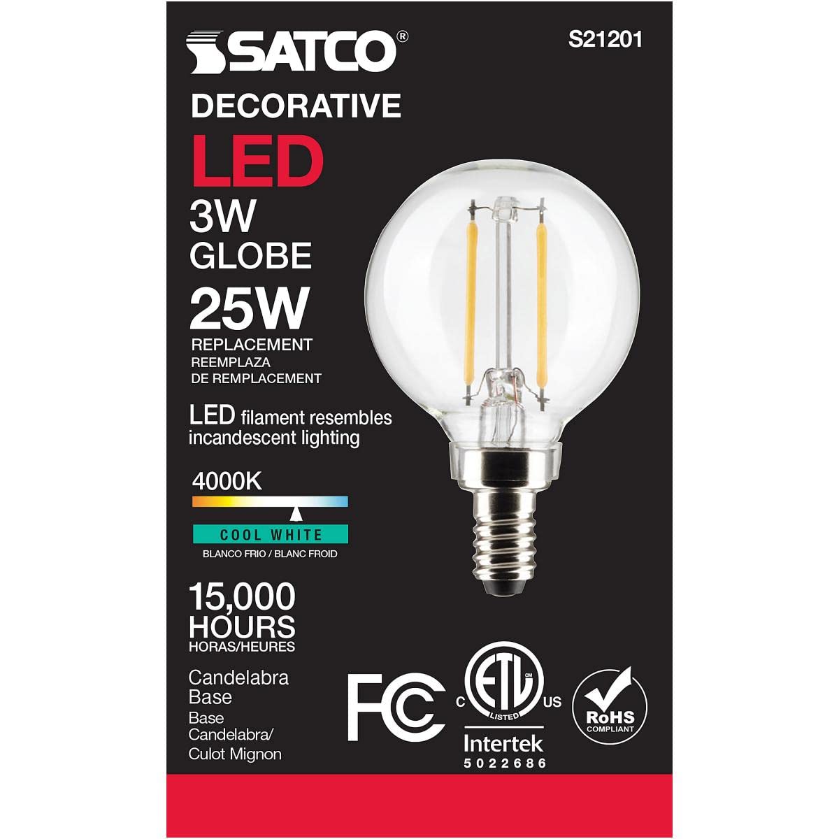 Satco 3-Watt LED E12 Light Bulb, 4000K, 15000 Hour Rating, Dimmable