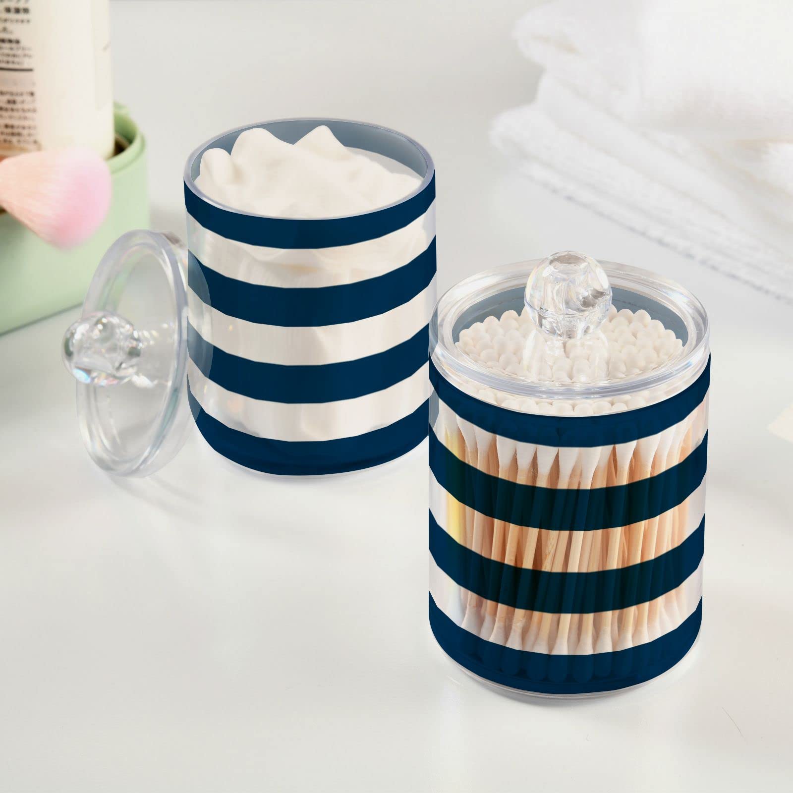 Navy Blue and White Striped 2 Pcs Qtip Holder Organizer Dispenser Storage Canister Plastic Apothecary Jars Bathroom Vanity for Cotton Swab Ball Pads Floss