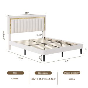 HITHOS Queen Size Bed Frame with Adjustable Tufted Headboard, Velvet Upholstered Platform Bed Frame with Gold Trim, Heavy Duty Mattress Foundation with Steel Frame, Easy-Assembly Slats (Beige, Queen)