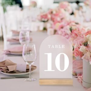 Frosted Arch Wedding Table Numbers with Wooden Stands Holders, 5x7" Acrylic Signs and Holders, Perfect for Centerpiece, Reception, Decoration, Party, Anniversary, Event (Frosted White Font, Number 1-20)