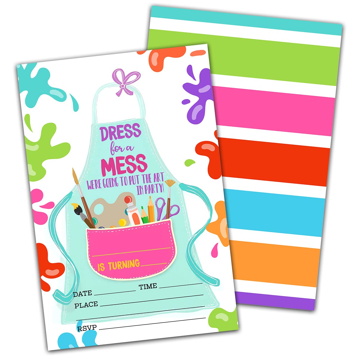 NYCTUG Art Painting Colorful Birthday Invitation(4" X 6"), Dress For A Mess,Paint Craft Birthday Double-Sided Party Invites- 20 Invitations With Envelopes-Party Supplies-A13