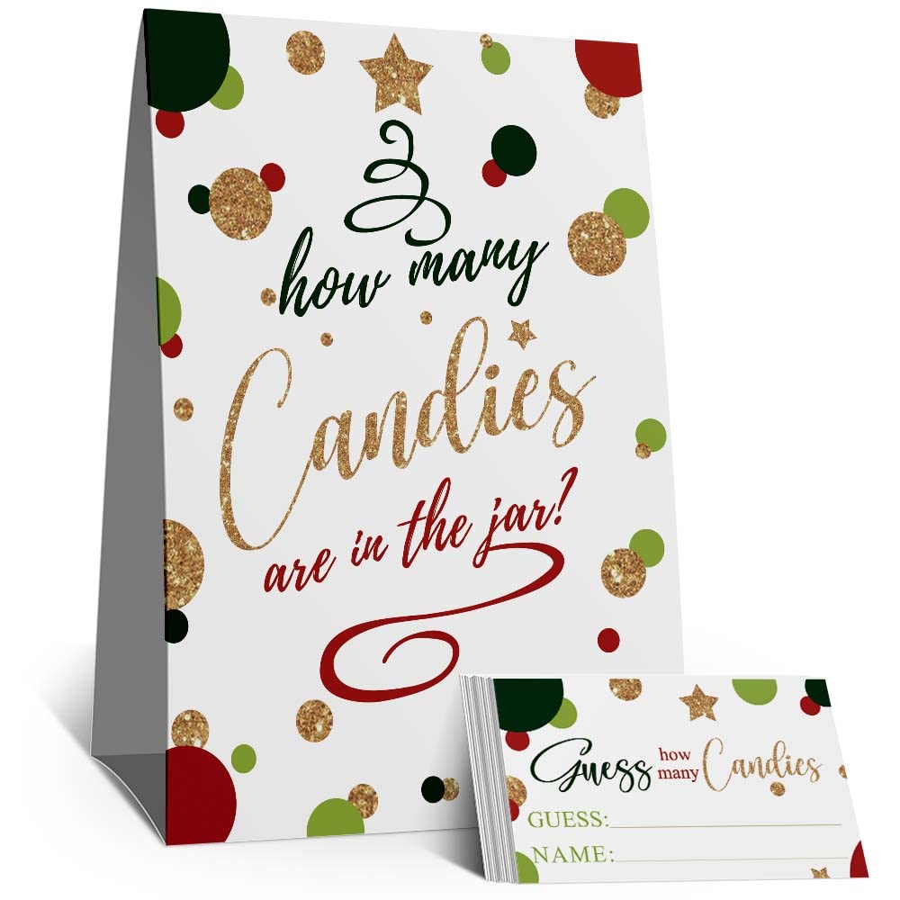 Guess How Many Candies are in the Jar Christmas Kit (1 Standing Sign + 50 Guessing Cards), Christmas Gold Red Green Baby Shower, Bridal Shower Decoration, Christmas Game Insert Ticket