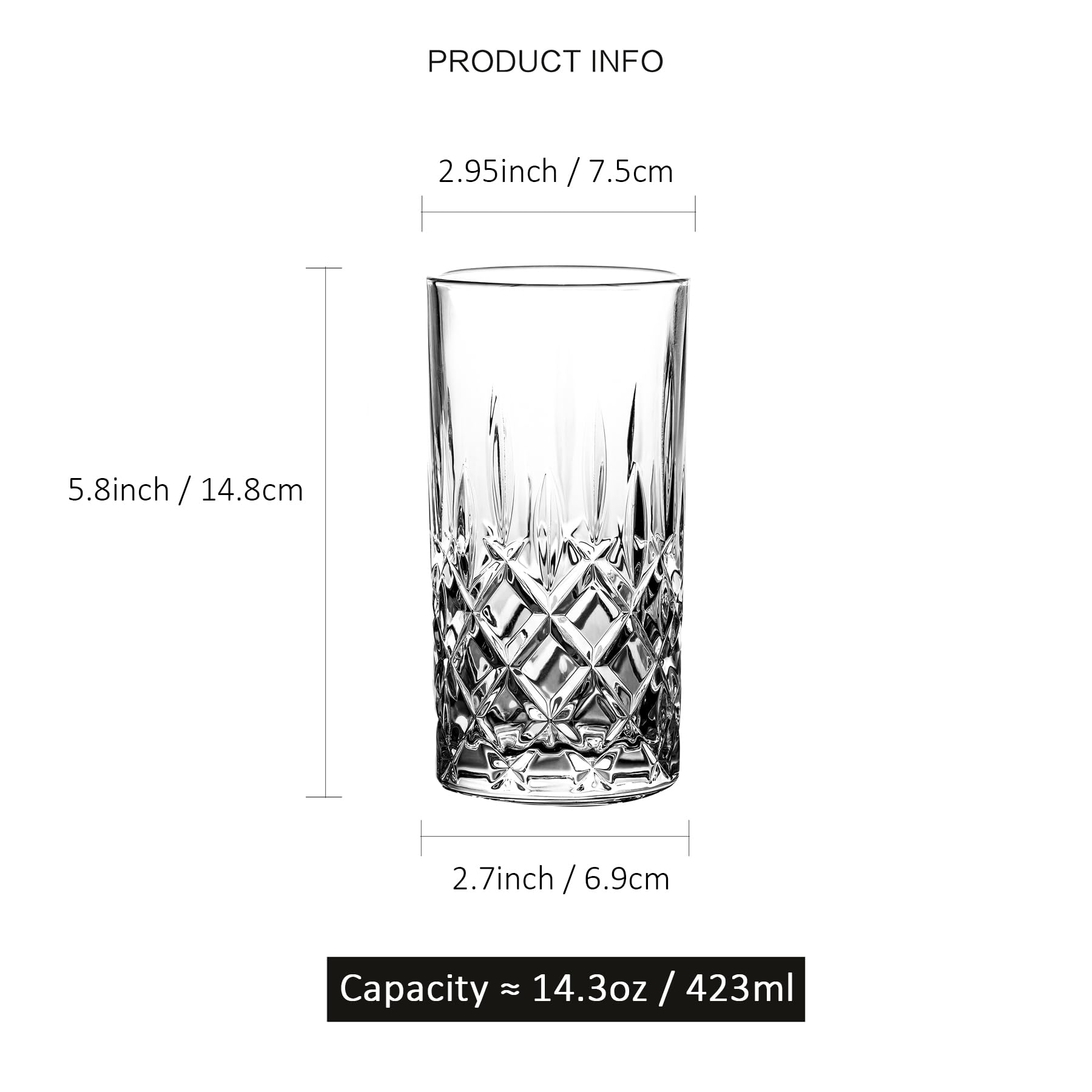 binsakao Highball Glasses Collins Tall Beverage Set of 6, 14 Ounce Cups Glassware for Drinks, Water, Beer, Soda