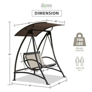 Domi Porch Patio Swing with Adjustable Canopy, 2-seat Swing with Stand, Outdoor Loveseat Swing w/Armrests, Weather Resistant Steel Frame and Textilene Fabric Dark Brown