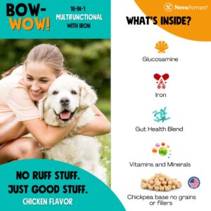 NovaFerrum Bow Wow | 18-in-1 Multifunctional with Iron Supplement for Dogs | Blood Support for Anemia | Glucosamine | Probiotics | Antioxidants | Chicken Flavor | 90 Chews