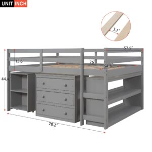 CITYLIGHT Low Full Loft Bed with Desk and Storage Cabinet, Wood Kids Full Size Loft Beds Frame with Storage Shelves & Rolling Portable Desk for Juniors, Teen, Boys & Girls (Full Size, Gray)