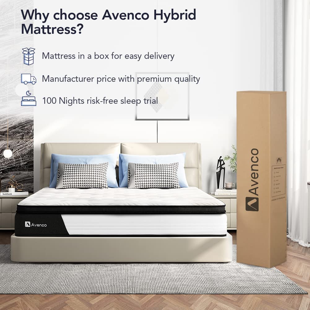 Avenco Twin XL Mattresses 10 Inch, Hybrid Mattress Medium Firm, XL Twin Mattress in a Box with Gel-Infused Memory Foam&Pocketed Springs, Motion Isolation, Breathable Knit Fabric, Strong Edge Support