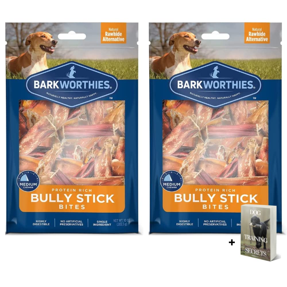 Barkworthies Bully Stick Bites - 2 Pack Protein Rich All Natural Dog Treats for Small to Large Dog Breeds - Grain Free, Rawhide Free, Long Lasting Dog Chews & Dog Training Dental Chews with E-Book