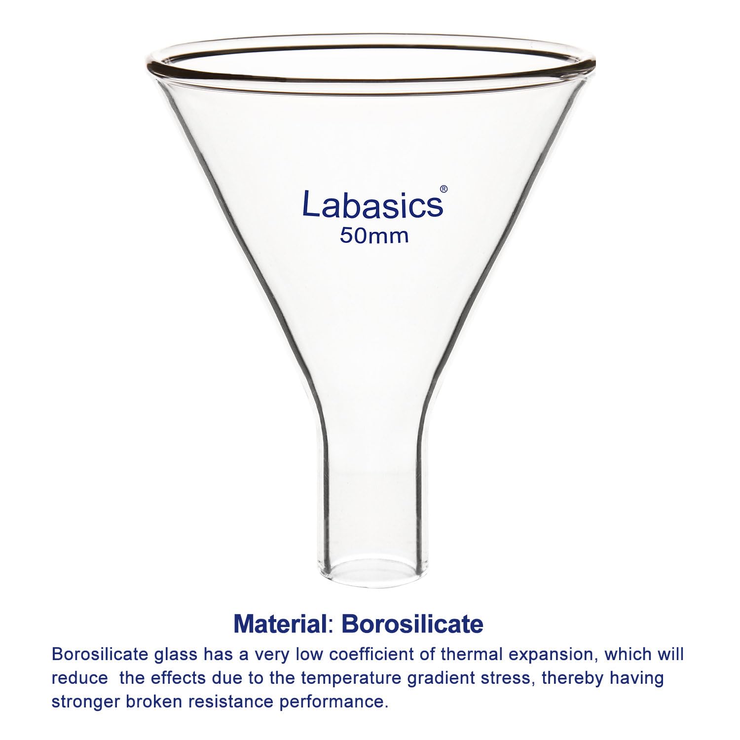 Labasics Glass Powder Funnel, Heavy Wall Borosilicate Glass Short Stem Funnel with 50 mm Top Height and 26 mm Stem Height