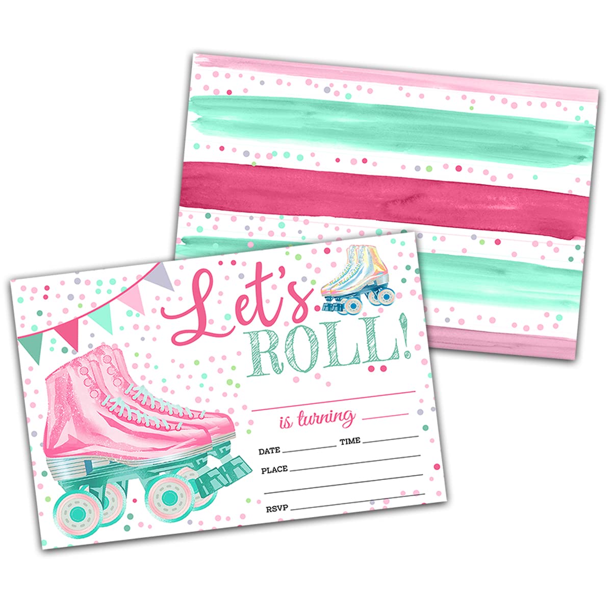 NYCTUG Let's Roll Birthday Fill-In Invitation(4" X 6"), Roller Skate Birthday Party Double-Sided Invites- 20 Invitations With Envelopes-Party Supplies-A17