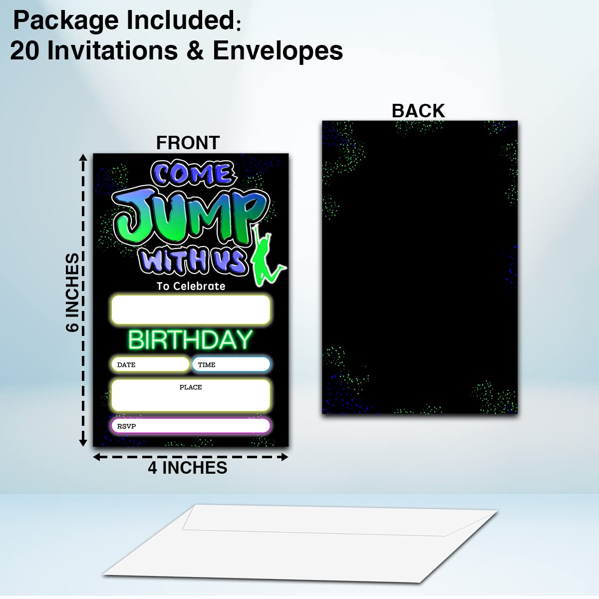 Come Jump With Us Birthday Invitation(4" X 6"), Trampoline Birthday Jumping Party Double-Sided Invites- 20 Invitations With Envelopes-Party Supplies-A19