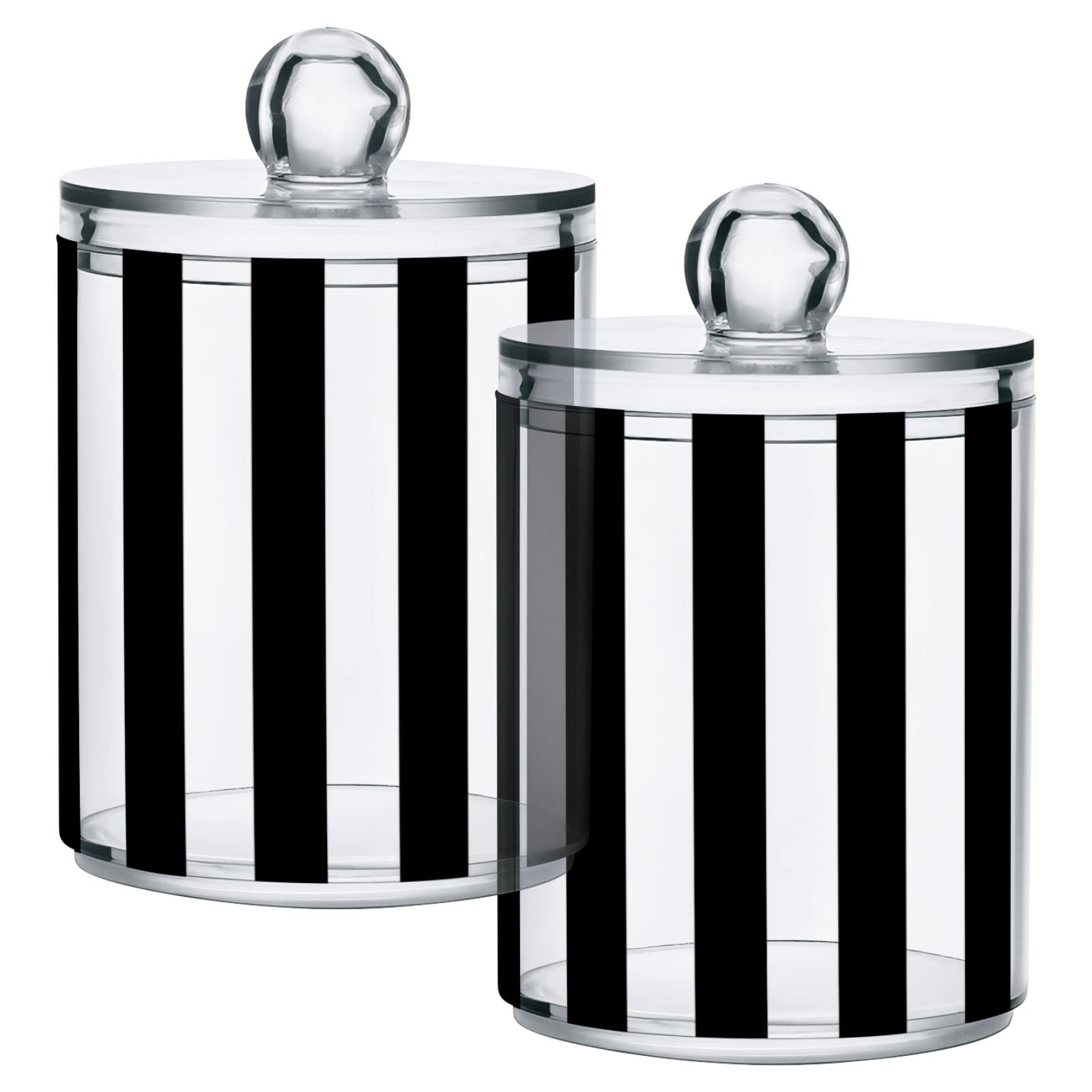 2 Pack Qtip Dispenser Apothecary Jars Bathroom Organizer, White and Black Striped Qtip Holder Storage Canister Plastic Acrylic Jar for Cotton Ball/Swab/Rounds