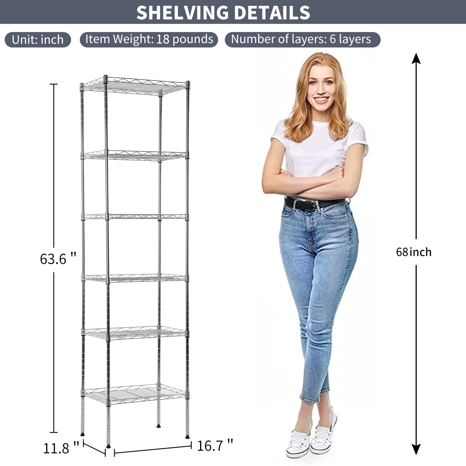 YYkokocat 6-Shelf Adjustable Storage Shelves 600Lb Capacity Metal Wire Shelving Unit Storage Rack for Kitchen Bathroom Corner Shelf Organizer for Small Space, 16.7D x 11.8W x 63H, Chrome