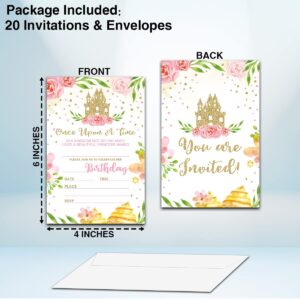 NYCTUG Floral Castle Theme Birthday Invitation(4" X 6"), Fairy Tale Little Princess Party Double-Sided Invites- 20 Invitations With Envelopes-Personalized Party Supplies-A25