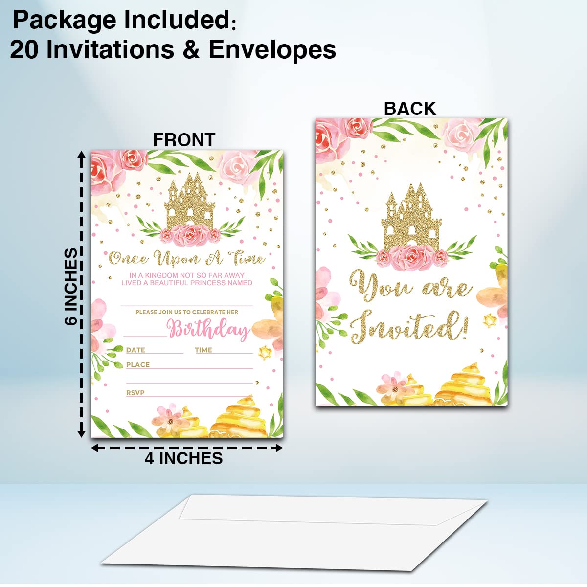 NYCTUG Floral Castle Theme Birthday Invitation(4" X 6"), Fairy Tale Little Princess Party Double-Sided Invites- 20 Invitations With Envelopes-Personalized Party Supplies-A25