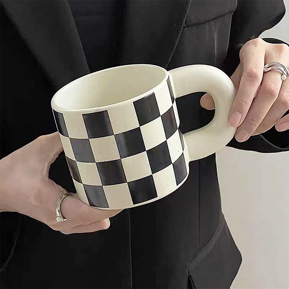 Ceramic Coffee Mug,Tea Cup with Porcelain Fat Round Handle,Dishwasher&Microwave Safe Mug to Decorate,12 oz, Modern,Simplicity Unique Style For Any Kitchen. (Checkerboard)